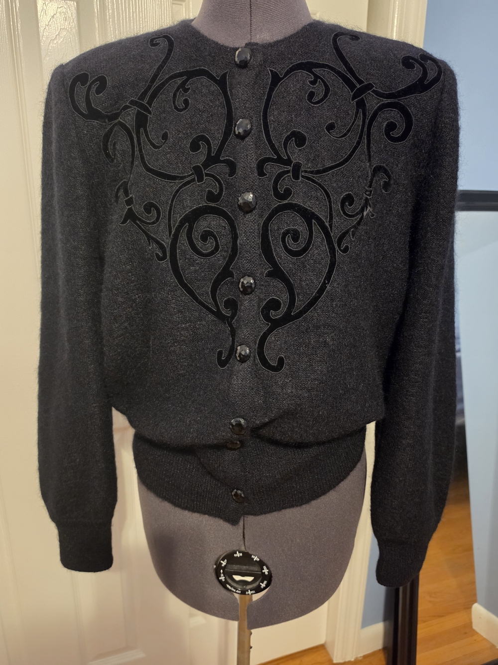 Vintage Women's Black Embroidered Button-Front Sweater